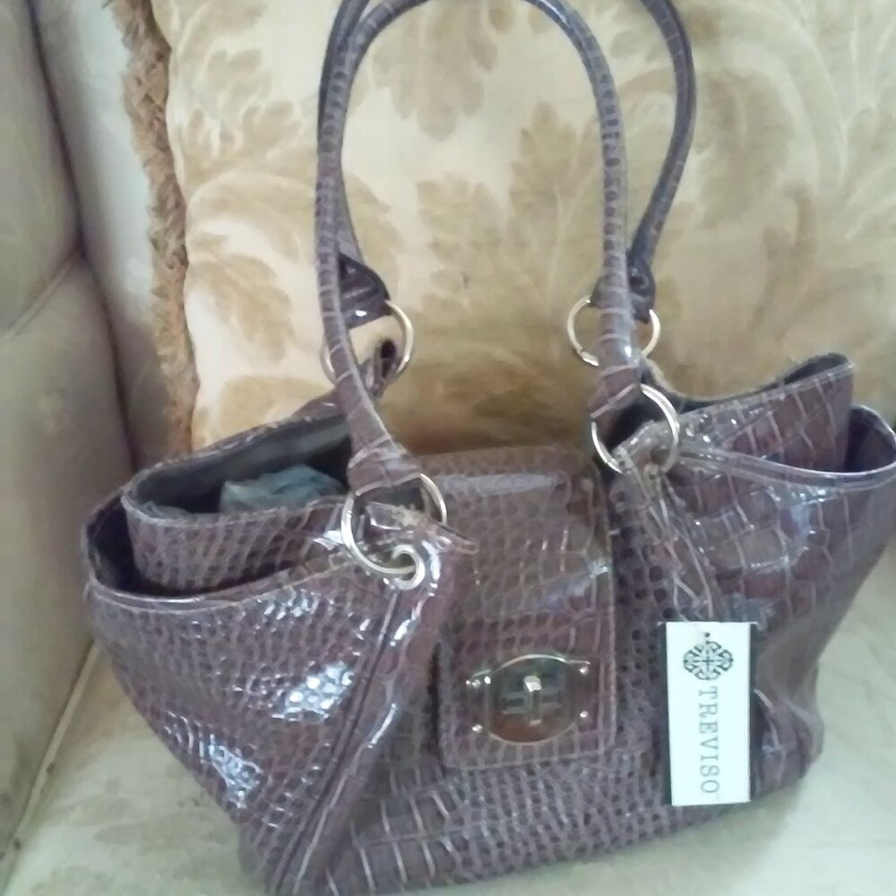 Purse Treviso With Tags Unused 14" Across 9 High 8 Wide Shiny Light Brown Animal